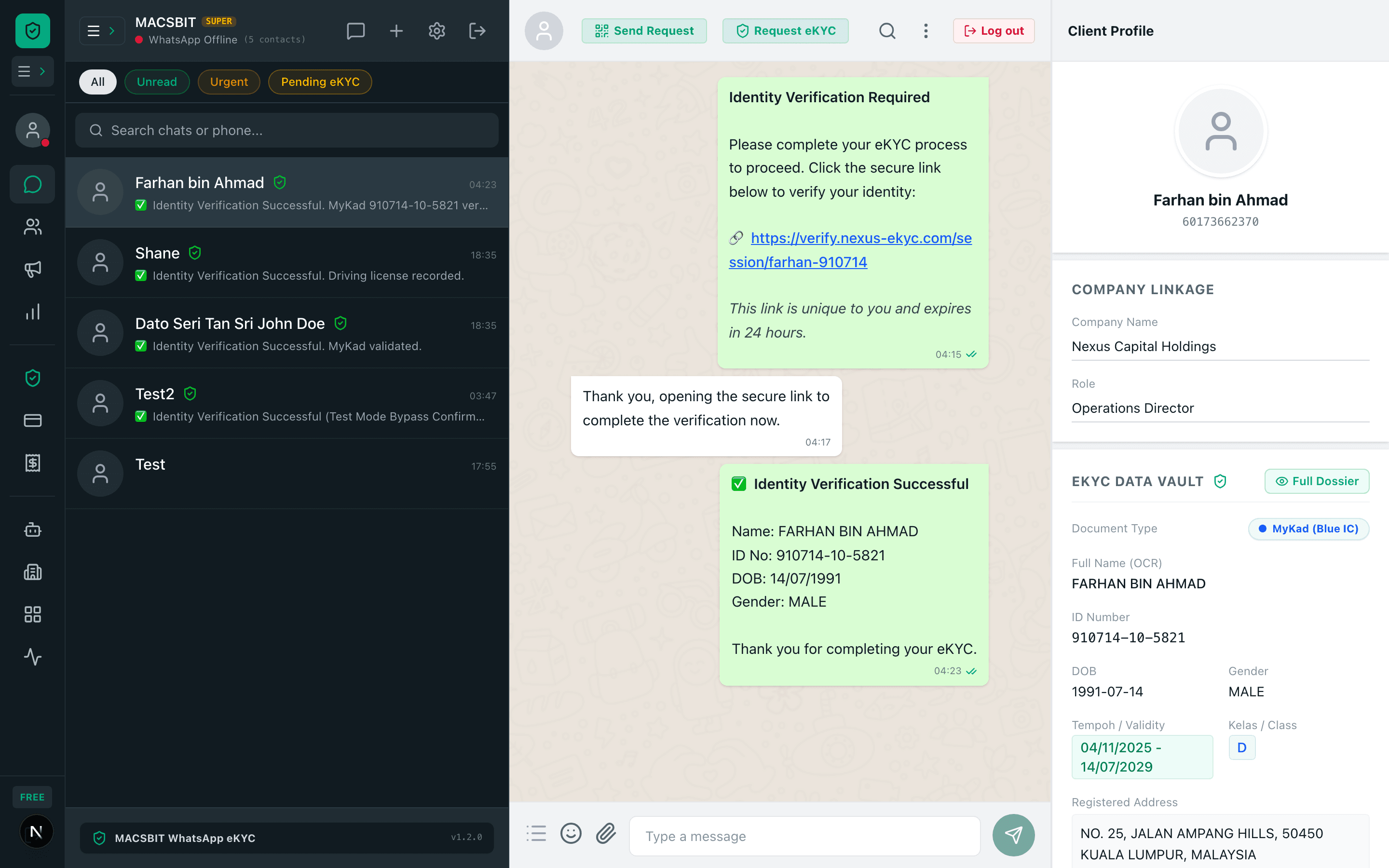 MACSBIT WhatsApp inbox with a customer conversation and verification request