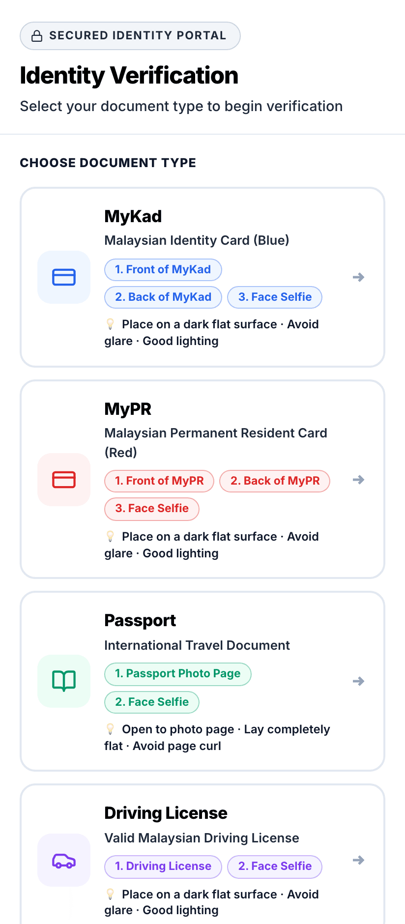 Mobile verification screen where the customer chooses their document type